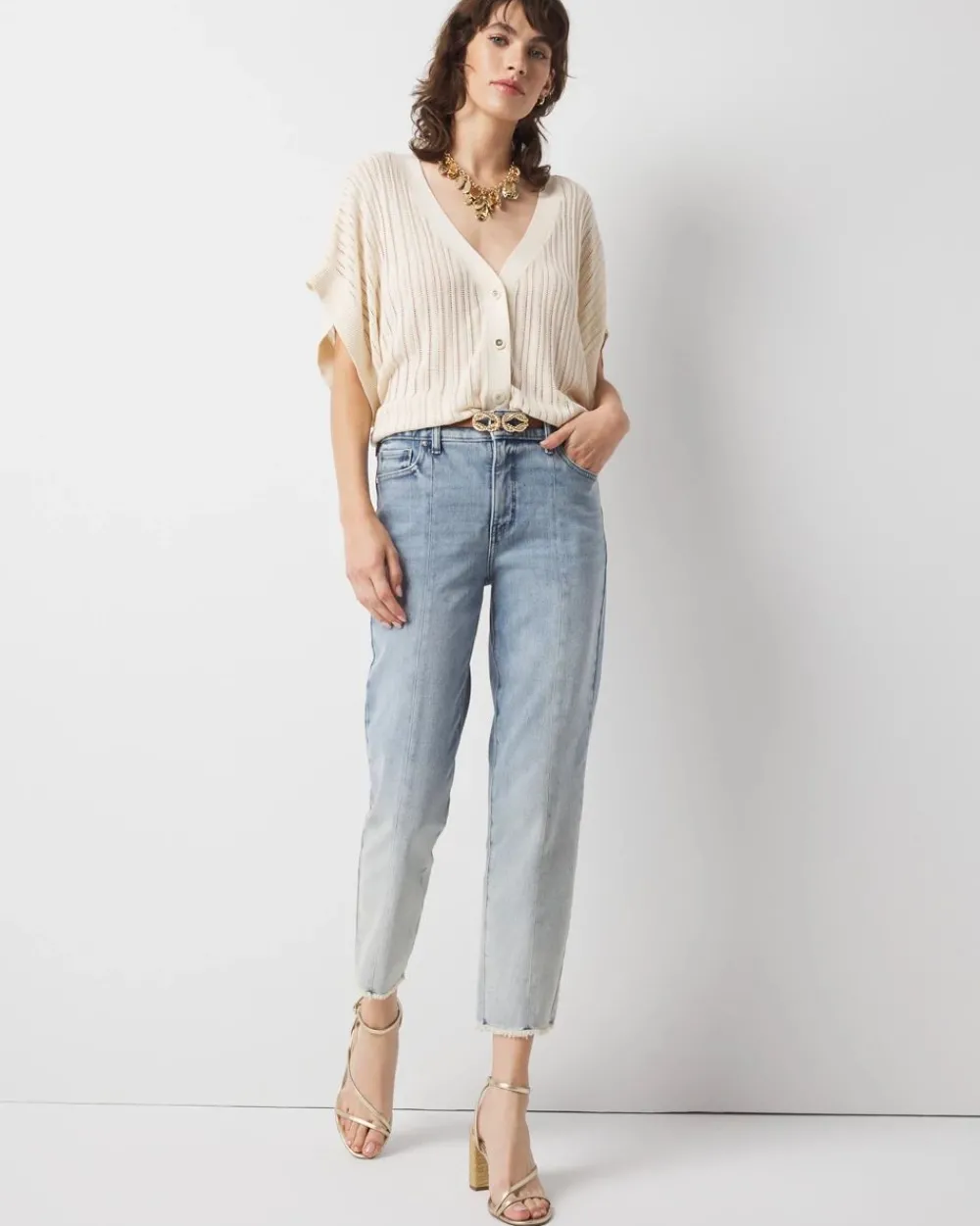 Petite High-Rise Raw Hem Pintuck Straight Jean with Slit*White House Black Market Outlet