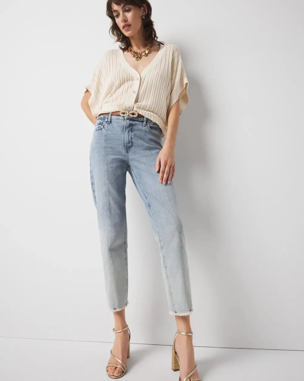 Petite High-Rise Raw Hem Pintuck Straight Jean with Slit*White House Black Market Outlet