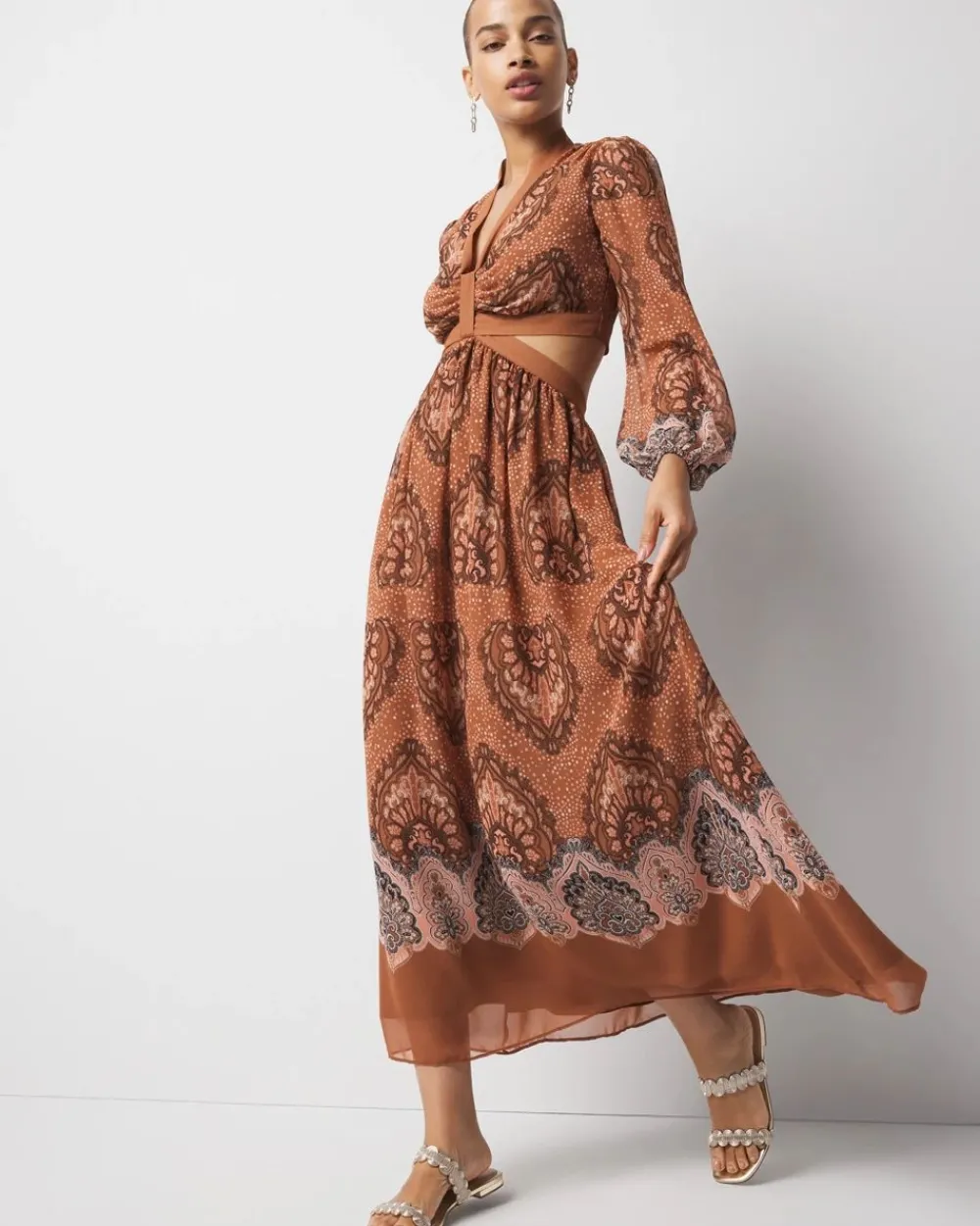 Petite Long-Sleeve V-Neck Cutout Midi Dress*White House Black Market Hot